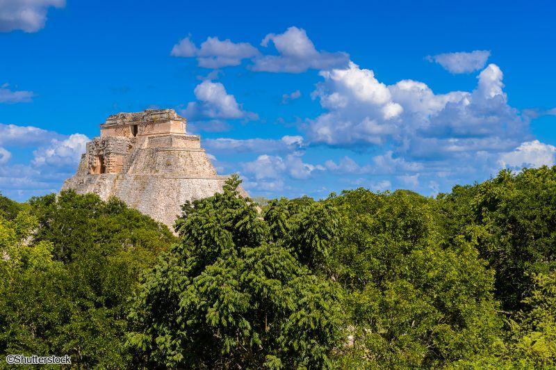 Sommet de la pyramide du Devin emergeant de la jungle a Uxmal au Yucatan