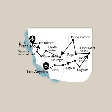 carte Carte Circuit Sentiers de l'Ouest - De Los Angeles à San Francisco - 38 personnes maximum
