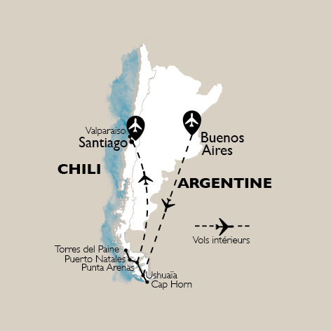carte Carte Circuit Argentine / Chili : destination Cap Horn - 14 personnes maximum