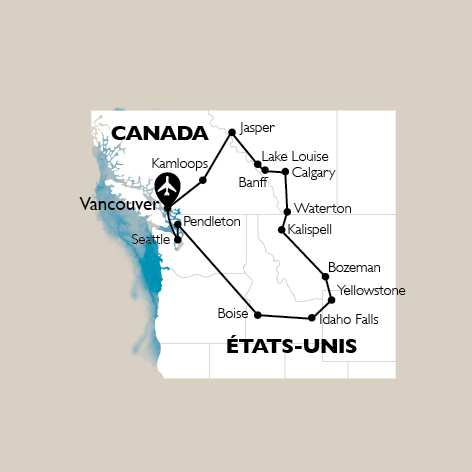 carte Carte Circuit panorama des Rocheuses - Combiné Canada / USA - 36 personnes maximum