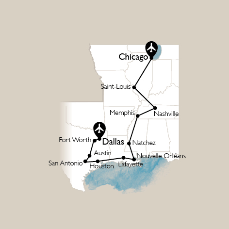carte Carte Circuit États-Unis - De Dallas à Chicago - 38 personnes maximum
