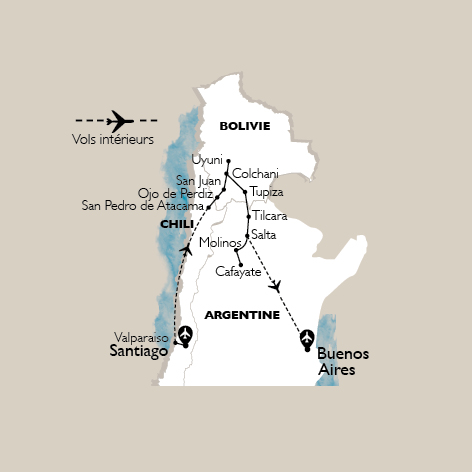 carte Carte Circuit Chili, Bolivie, Argentine - Déserts Andins 2021 - 19J/16N - 12 personnes maximum